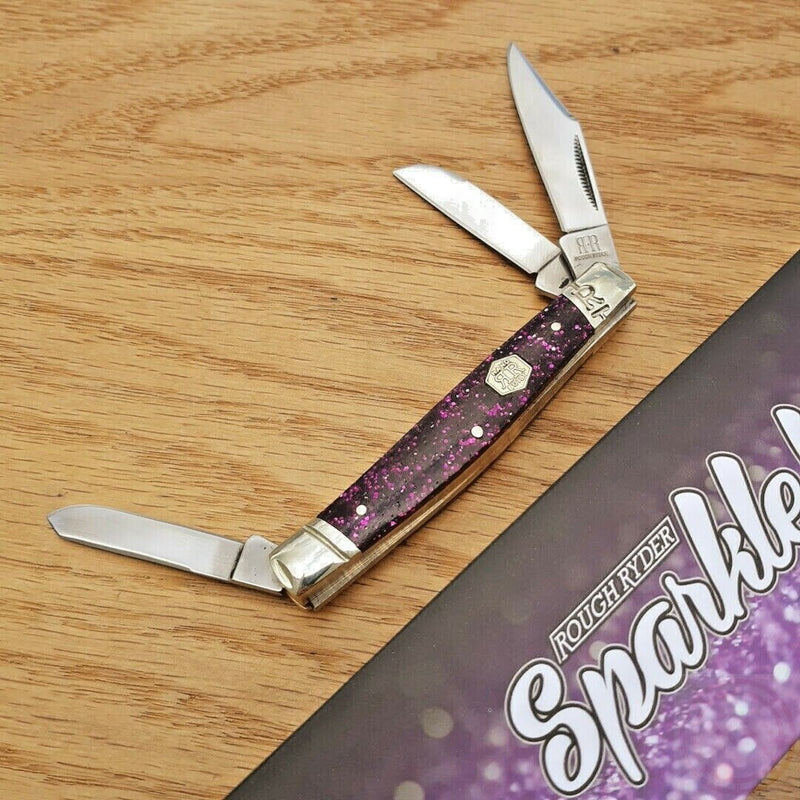 Rough Ryder Sparkle Stockman Pocket Knife Stainless Steel Blades Purple Glitter Acrylic Handle 2018 -Rough Ryder - Survivor Hand Precision Knives & Outdoor Gear Store