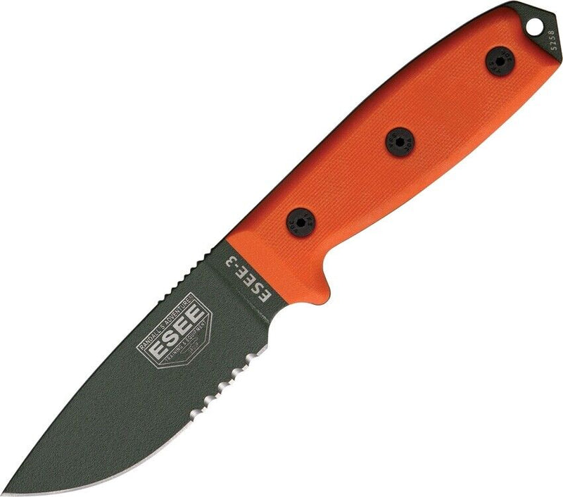 ESEE Model 3 Fixed Knife 3.75" OD Green Powder Coated Part Serrated 1095HC Steel Blade Orange G10 Handle 3SKOOD -ESEE - Survivor Hand Precision Knives & Outdoor Gear Store