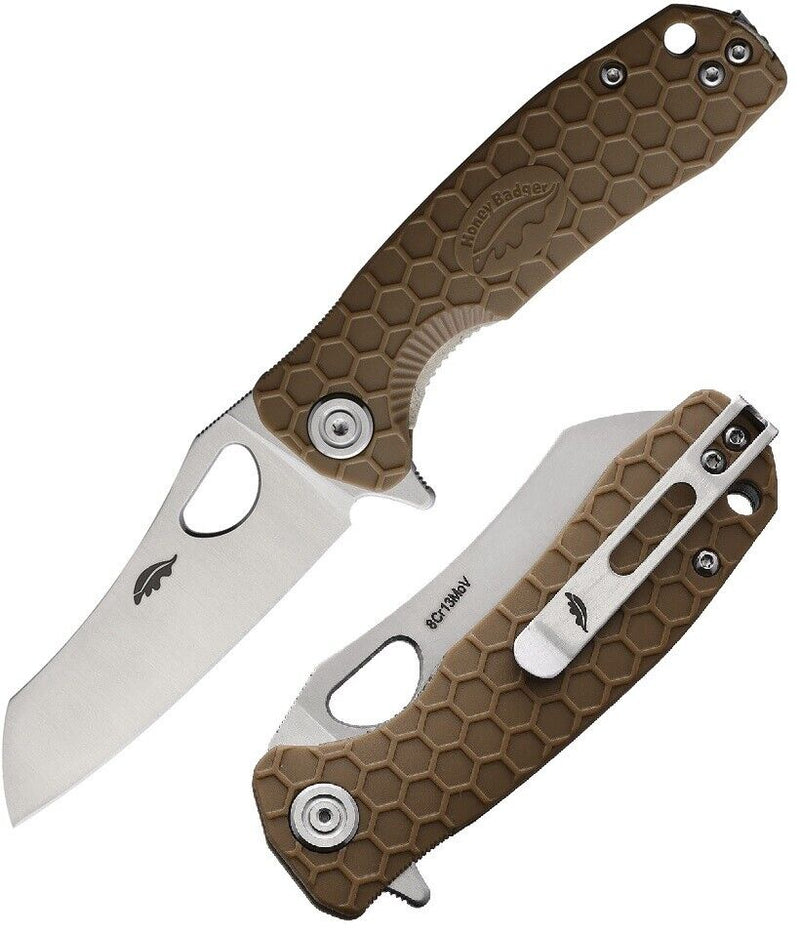 Honey Badger Knives Linerlock Folding Knife 2.75" 8Cr13MoV Steel Warncleaver Blade Tan Textured GRN Handle 1046 -Honey Badger Knives - Survivor Hand Precision Knives & Outdoor Gear Store