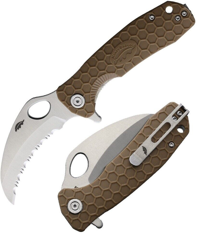 Honey Badger Knives Medium Liner Folding Knife 3" Serrated 8Cr13MoV Steel Claw Blade Tan Textured GRN Handle 1132 -Honey Badger Knives - Survivor Hand Precision Knives & Outdoor Gear Store