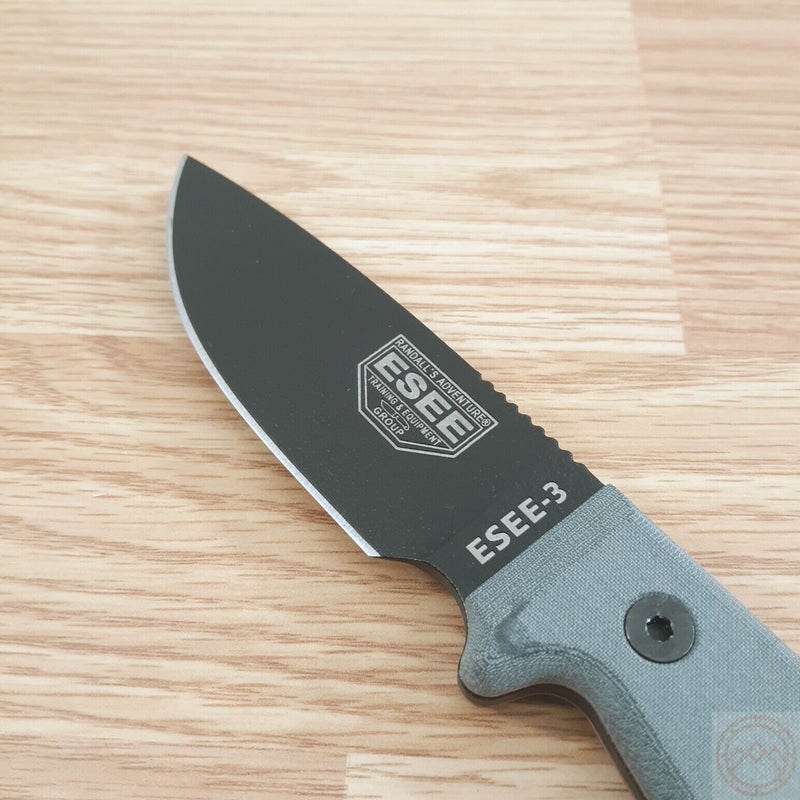 ESEE Model 3 Fixed Knife 3.75" Black Powder Coated 1095HC Steel Blade Linen Micarta Handle 3PB -ESEE - Survivor Hand Precision Knives & Outdoor Gear Store