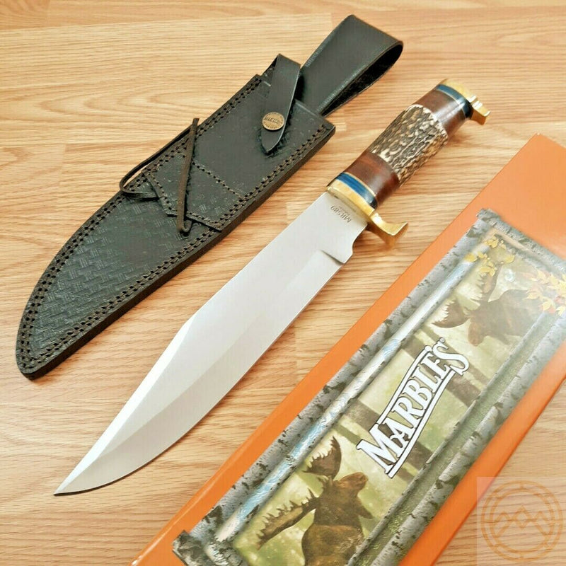 Marbles Fixed Knife 10" Satin Finish Stainless Steel Bowie Blade Stag/Brass Handle 589 -Marbles - Survivor Hand Precision Knives & Outdoor Gear Store