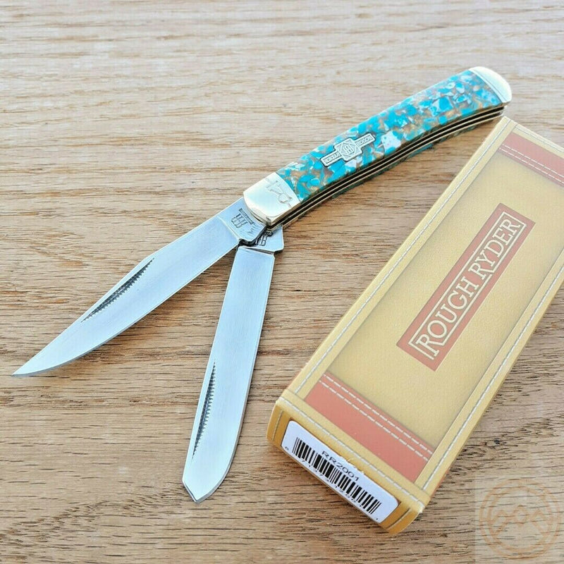 Rough Ryder Trapper Pocket Knife Stainless Steel Blades Amber Turquoise Stone Handle 2001 -Rough Ryder - Survivor Hand Precision Knives & Outdoor Gear Store