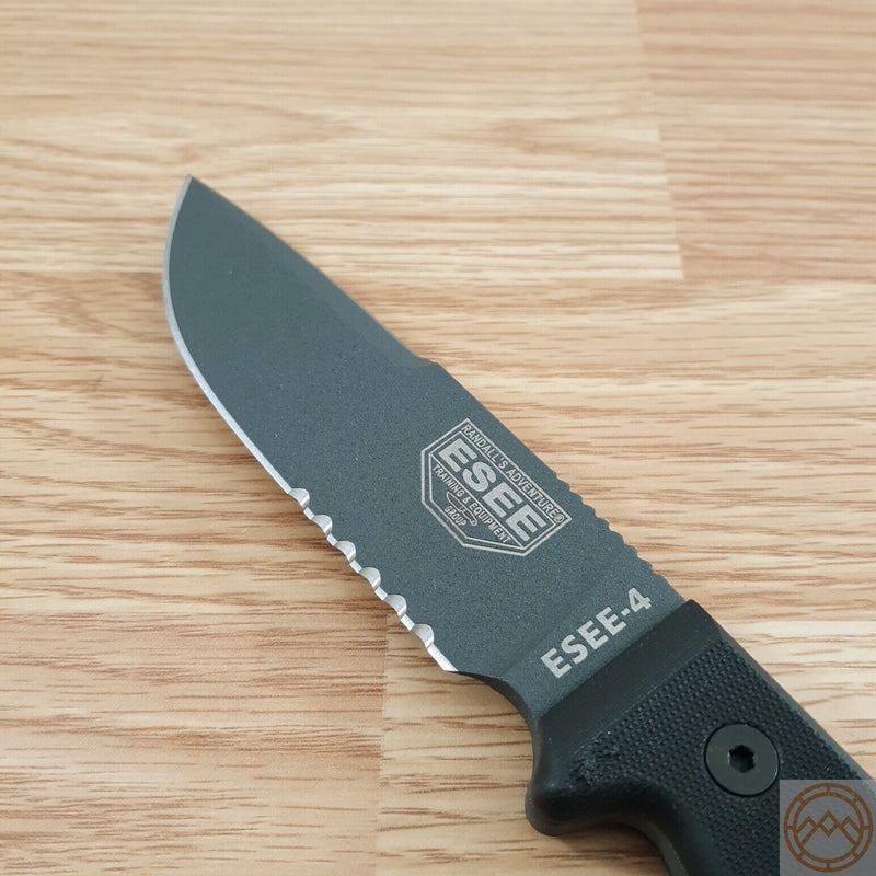 ESEE Model 4 Tactical Fixed Knife 4.5" Black Powder Coated Part Serrated 1095HC Steel Blade Micarta Handle 4SCPTGB -ESEE - Survivor Hand Precision Knives & Outdoor Gear Store