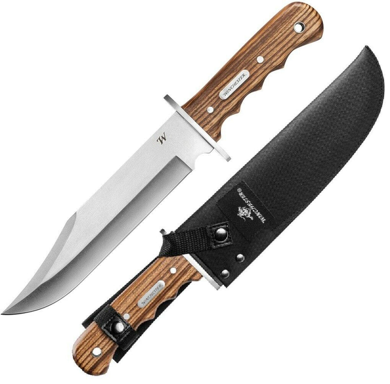 Winchester Double Barrel Fixed Knife 8.5" Stainless Steel Blade Finger Grooved Zebra Wood Handle 435 -Winchester - Survivor Hand Precision Knives & Outdoor Gear Store