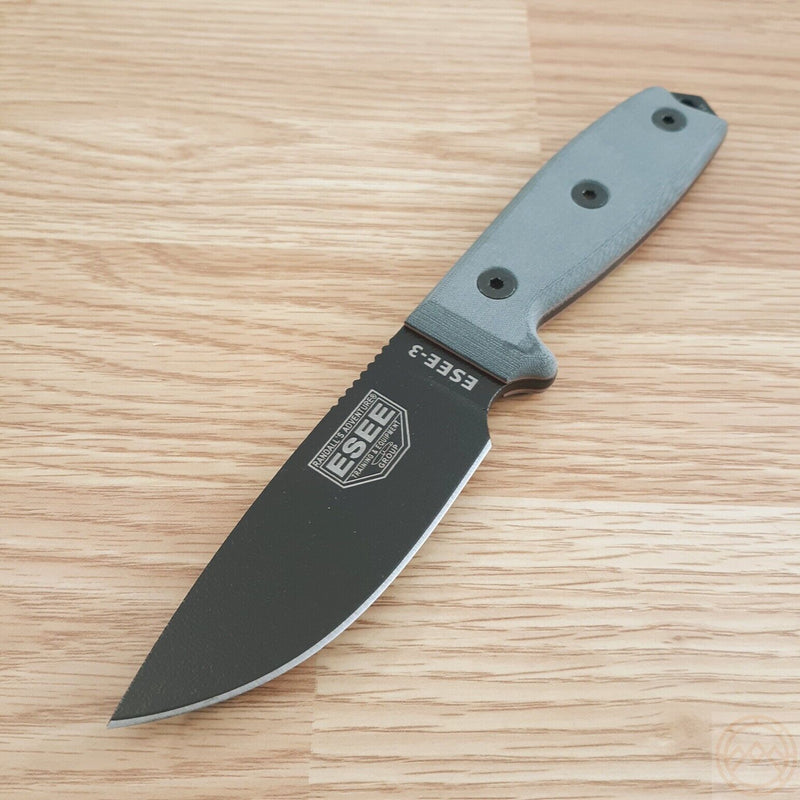 ESEE Model 3 Fixed Knife 3.75" Black Powder Coated 1095HC Steel Blade Linen Micarta Handle 3PB -ESEE - Survivor Hand Precision Knives & Outdoor Gear Store