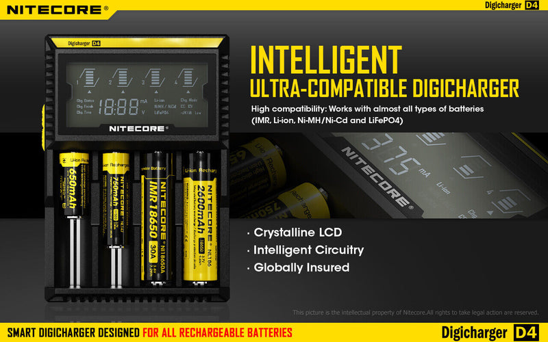 Nitecore Digicharger Battery Charger Independent Simultaneous LCD Panel Displays Made From ABS D4 -Nitecore - Survivor Hand Precision Knives & Outdoor Gear Store