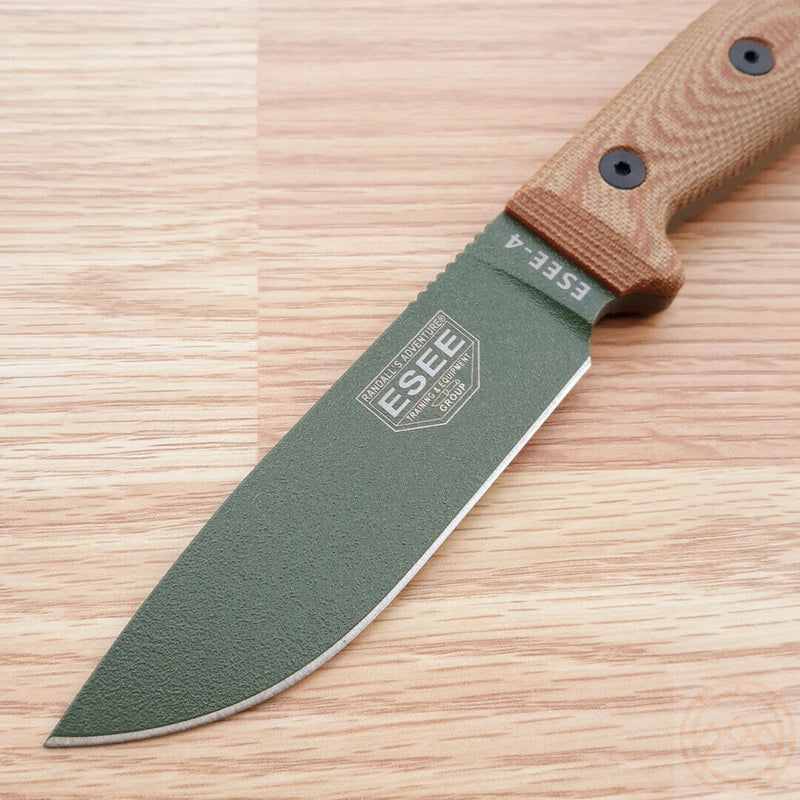 ESEE Model 4 Fixed Knife 4.5" OD Green Powder Coated 1095HC Steel Blade Natural Canvas Micarta Handle 4POD011 -ESEE - Survivor Hand Precision Knives & Outdoor Gear Store