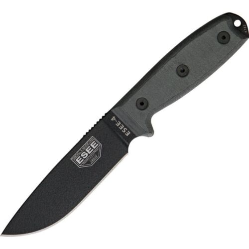 ESEE Model 4 Fixed Knife 4.5" Black Powder Coated 1095HC Steel Blade Micarta Handle 4PKO -ESEE - Survivor Hand Precision Knives & Outdoor Gear Store