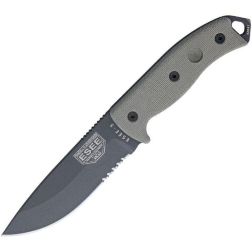 ESEE Model 5 Tactical Fixed Knife 5.25" Part Serrated 1095HC Steel Blade Canvas Micarta Handle 5STG -ESEE - Survivor Hand Precision Knives & Outdoor Gear Store