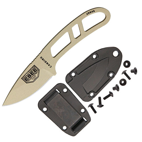 ESEE Candiru Kit Desert Tan Fixed Knife 2" Powder Coated 1095HC Steel Drop Point Blade One Piece Skeletonized Construction CANDTKIT -ESEE - Survivor Hand Precision Knives & Outdoor Gear Store