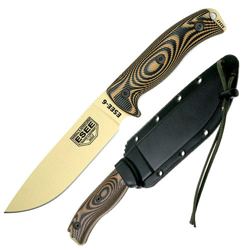 ESEE Model 6 Fixed Knife 5.25" Desert Tan Powder Coated 1095HC Steel Blade Black And Coyote Brown 3D Machined G10 Handle 6PDT005 -ESEE - Survivor Hand Precision Knives & Outdoor Gear Store