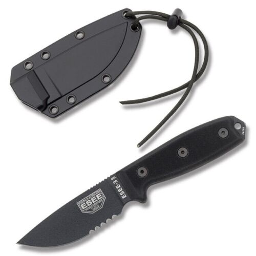 ESEE Model 3 Fixed Knife 3.75" Black Powder Coated Part Serrated 1095HC Steel Blade G10 Handle 3MILSBLK -ESEE - Survivor Hand Precision Knives & Outdoor Gear Store