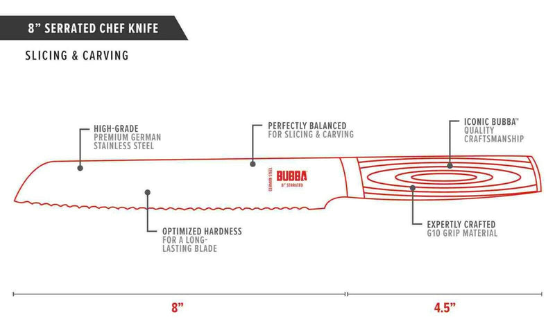 Bubba Blade Kitchen Knife 8" Serrated Stainless Steel Blade Black / Red G10 Handle 1114267 -Bubba Blade - Survivor Hand Precision Knives & Outdoor Gear Store