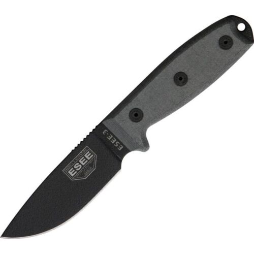 ESEE Model 3 Fixed Knife 3.75" Black Powder Coated Double Edge 1095HC Steel Blade Micarta Handle 3PMMB -ESEE - Survivor Hand Precision Knives & Outdoor Gear Store