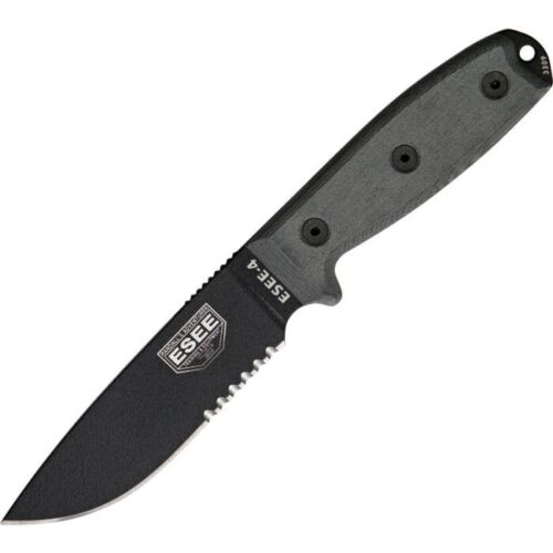 ESEE Model 4 Fixed Knife 4.5" Black Powder Coated Part Serrated 1095HC Steel Blade Micarta Handle 4SKO -ESEE - Survivor Hand Precision Knives & Outdoor Gear Store