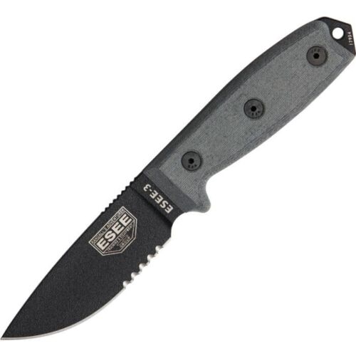 ESEE Model 3 Fixed Knife 3.75" Black Powder Coated Part Serrated 1095HC Steel Blade Micarta Handle 3SBMB -ESEE - Survivor Hand Precision Knives & Outdoor Gear Store